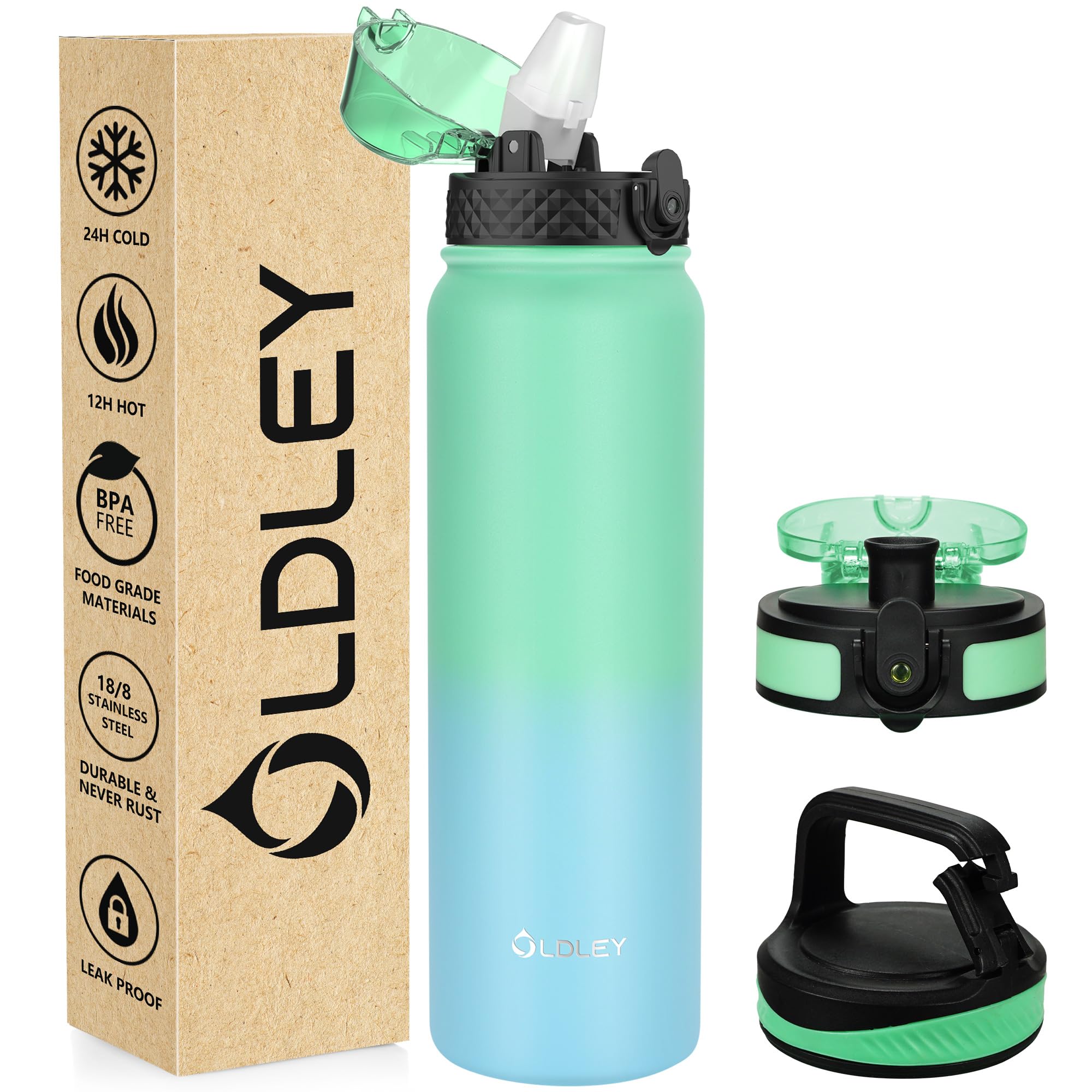 OLDLEY Stainless Steel Water Bottle with Straw 1L Vaccum Insulated Large Drink Flask Metal Water Bottles 1 Litre Leakproof Keep Drinks Hot Cold for Sports Gym with Different Lids(Purple Green, 3 Lids)