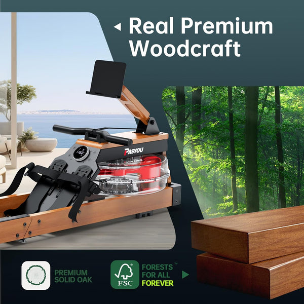 PASYOU Rowing Machine for Home Gym,Oak Wood Folding Rower Machine with Bluetooth and Adjustable Tablet Holder, 330LB Weight Capacity,Water Rowing Machine Compatible with Kinomap APP