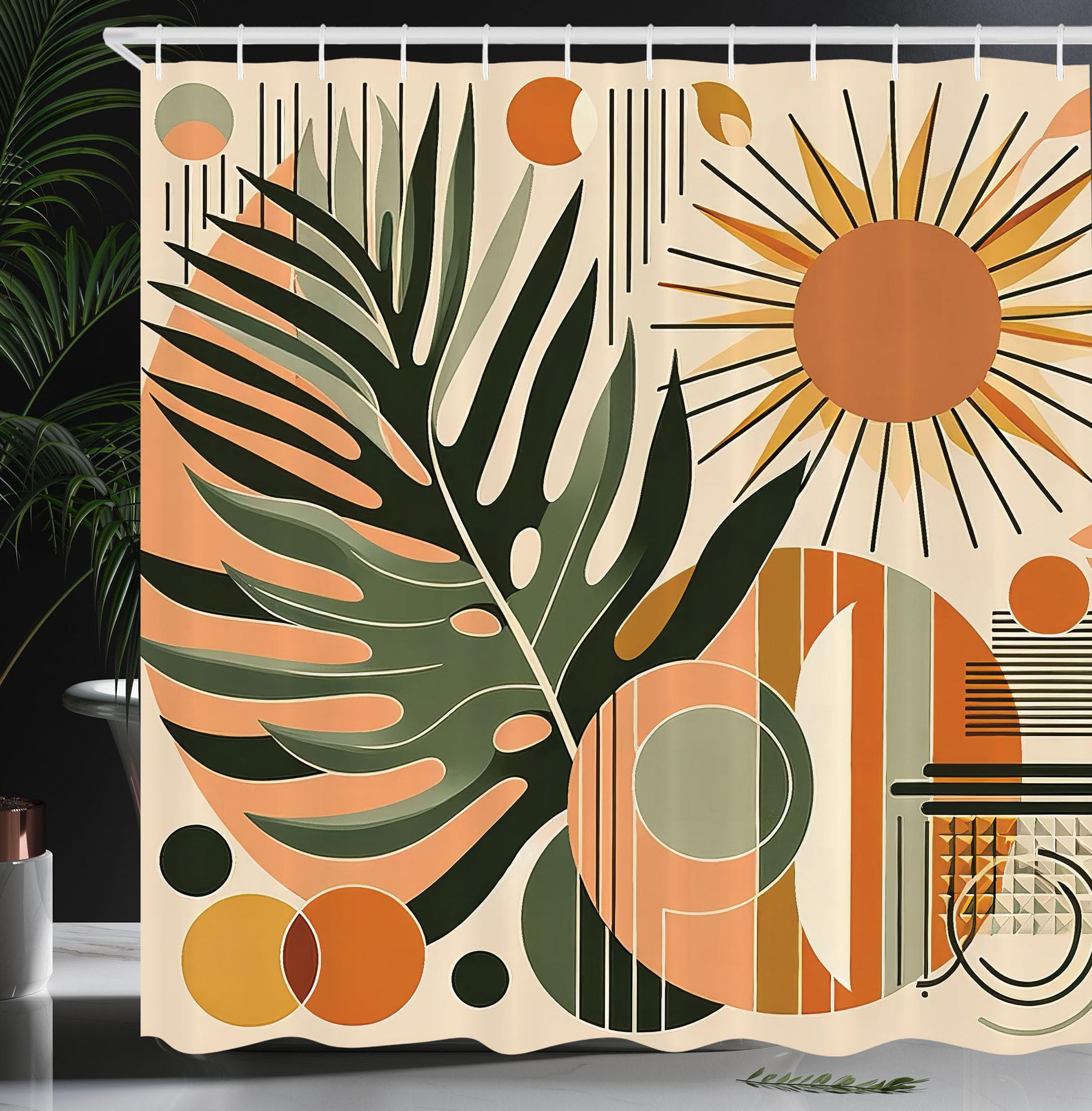 ABAKUHAUS Monstera Shower Curtain, Leaves Mid Century Boho, Cloth Fabric Bathroom Decor Set with Hooks, 175 x 200 cm, Peach Pale Reseda Green