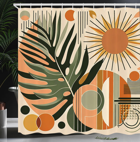 ABAKUHAUS Monstera Shower Curtain, Leaves Mid Century Boho, Cloth Fabric Bathroom Decor Set with Hooks, 175 x 200 cm, Peach Pale Reseda Green