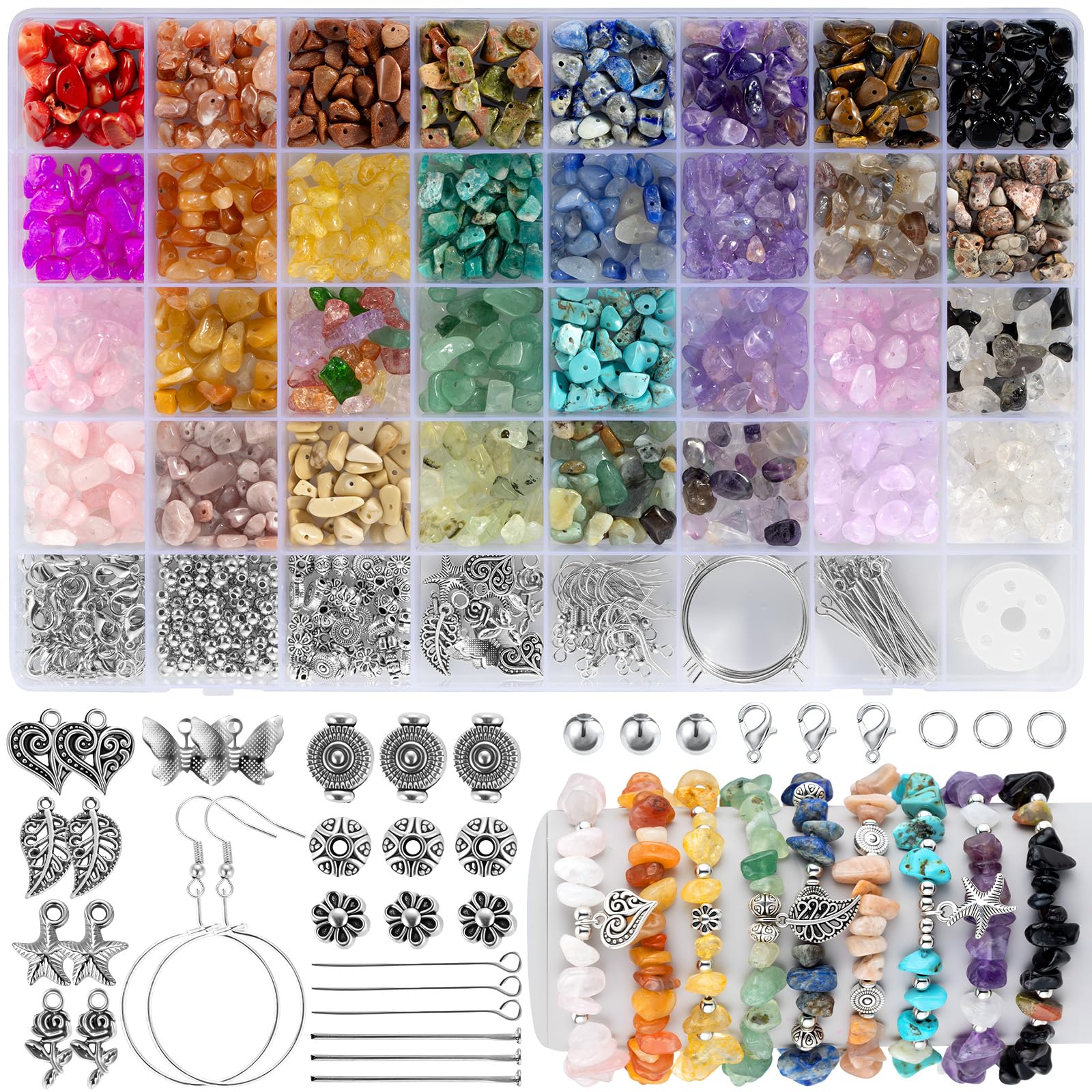 Funtopia 32 Colors Crystal Beads for Jewellery Making,1200 Pcs Bracelet Making Kit Adults Natural Stone Beads 5-8mm Irregular Crystals and Gemstones