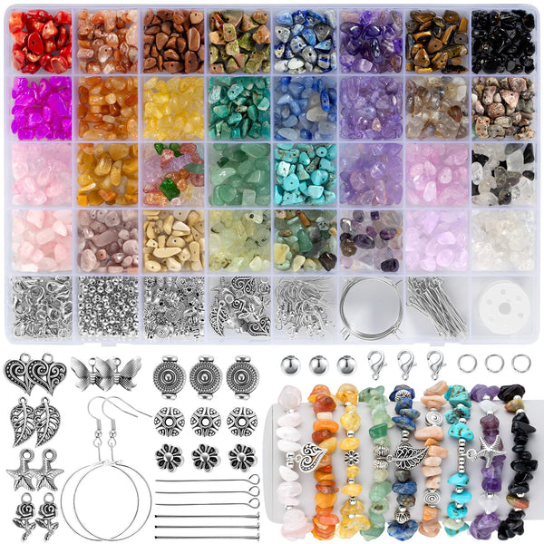 Funtopia 32 Colors Crystal Beads for Jewellery Making,1200 Pcs Bracelet Making Kit Adults Natural Stone Beads 5-8mm Irregular Crystals and Gemstones