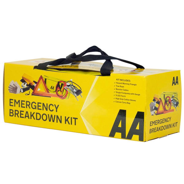 AA Vehicle Breakdown Safety Kit Plus AA5618 – Tyre Inflator, Warning Triangle, Tow Rope, Hi-Vis Vest, Torch, Glass Hammer, Booster Cables, Storage Bag