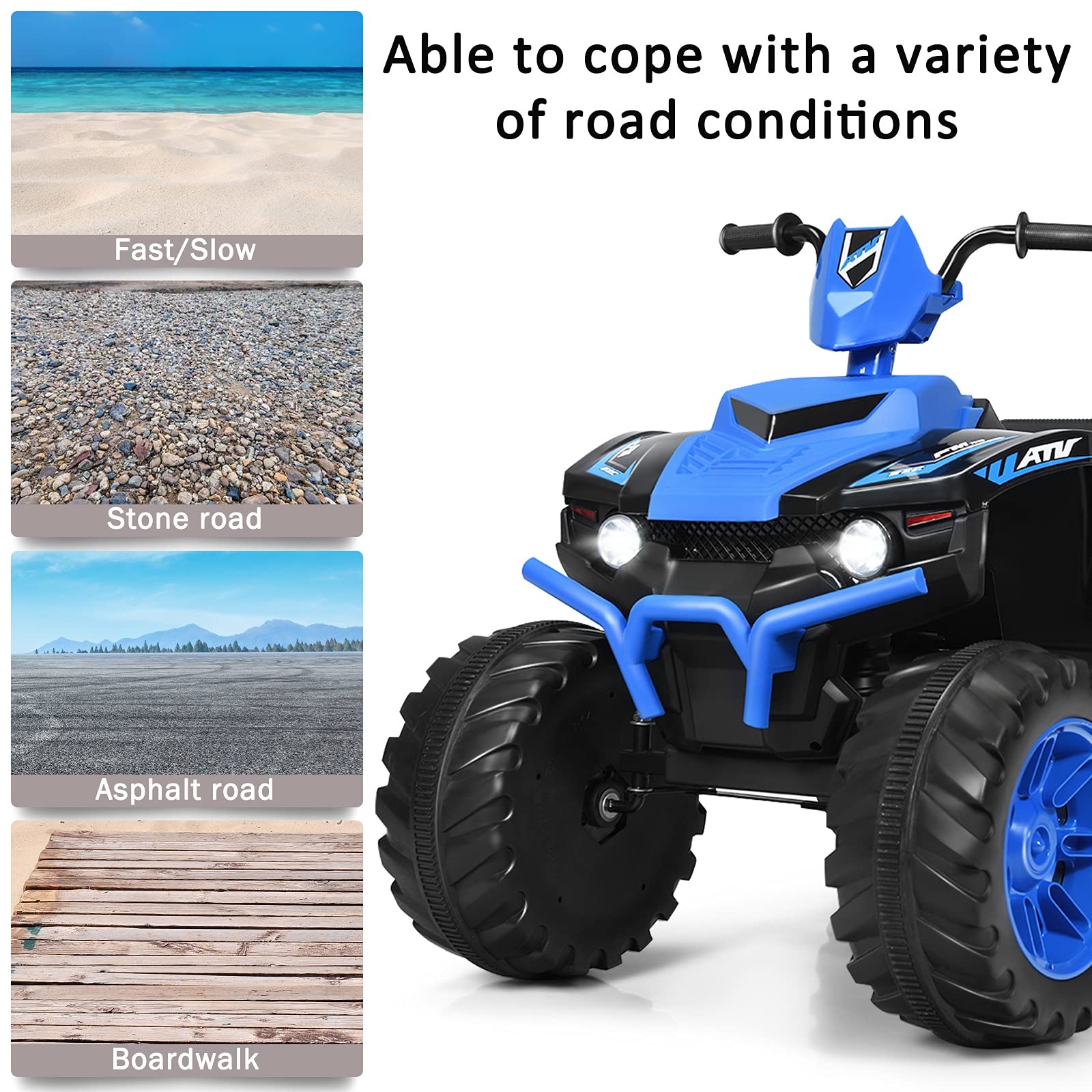 GYMAX Kids Electric Quad Bike, Children Ride On ATV with Bluetooth, Lights, Music, Horn, High/Low Speeds and Slow Start, 12 V Battery Powered Toy Car for 3-7 Years Boys Girls (Blue)