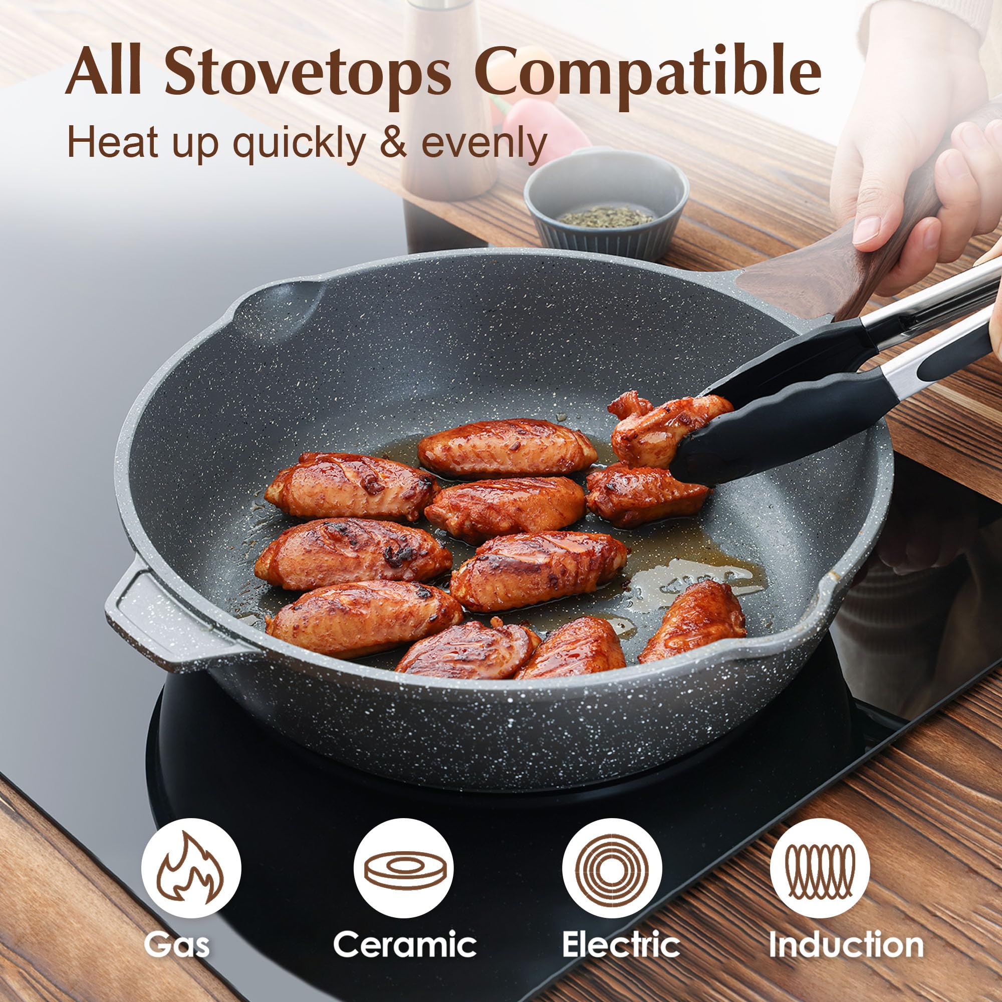 SENSARTE Nonstick Deep Frying Pan, 28 cm/4.8 Litre Saute Pan Skillet with Lid, Stay-Cool Handle, Chef Pan Healthy Stone Cookware Cooking Pan,