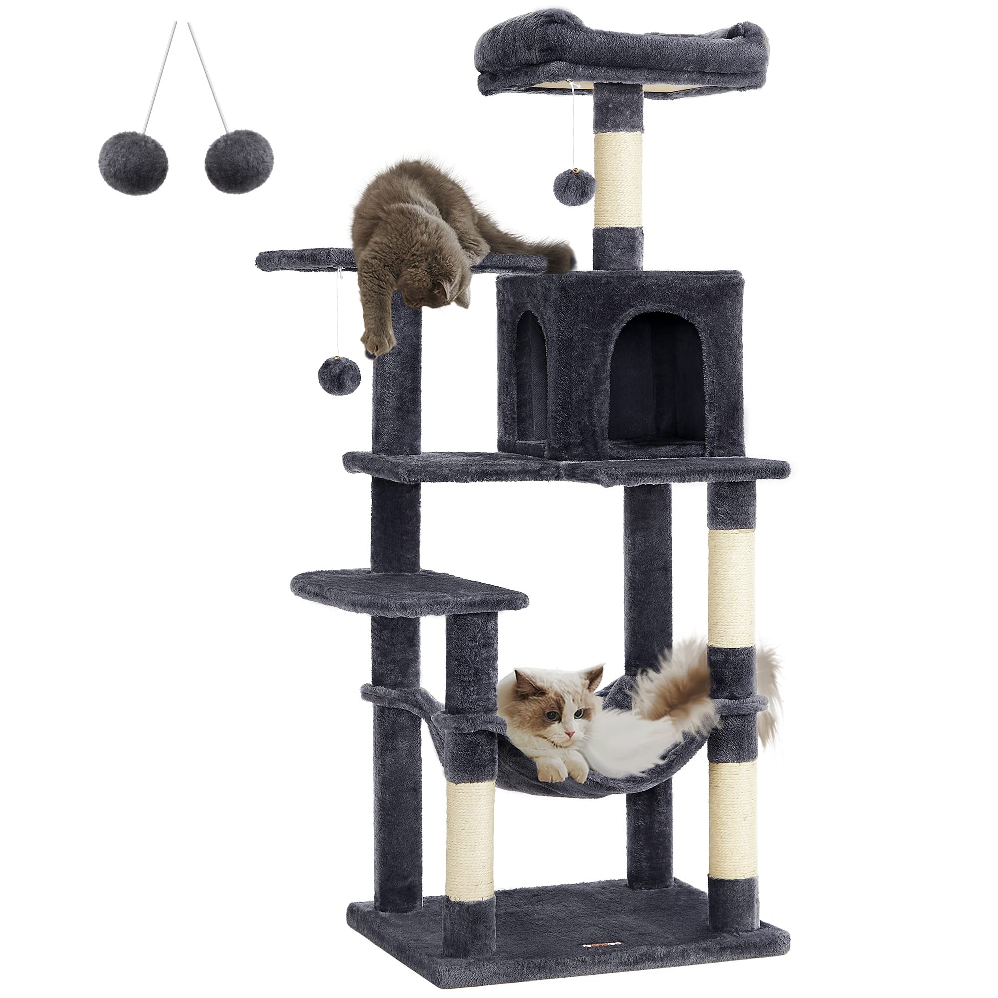 Feandrea Cat Tree, 143 cm Cat Tower for Indoor Cats, Multi-Level Plush Cat Condo with 4 Scratching Posts, 2 Perches, Cave, Hammock, Pompoms, Smoky