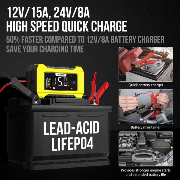 15A Car Battery Charger, NEXPEAK 12V 15A/24V 8A Automatic Smart Battery Charger with Temperature Compensation for Car, AGM, Gel, Wet, SLA for Lead Acid Batteries and LiFePO4 Batteries