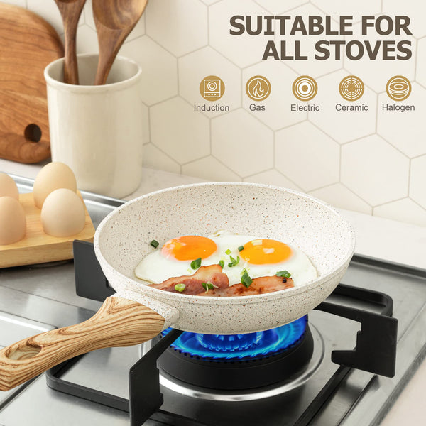 MICHELANGELO Frying Pan with Lid 30cm, Nonstick Fry Pan with Lid, Nonstick White Granite Frying Pan with Bakelite Handle, Healthy & Non-Toxic Fry Pan,