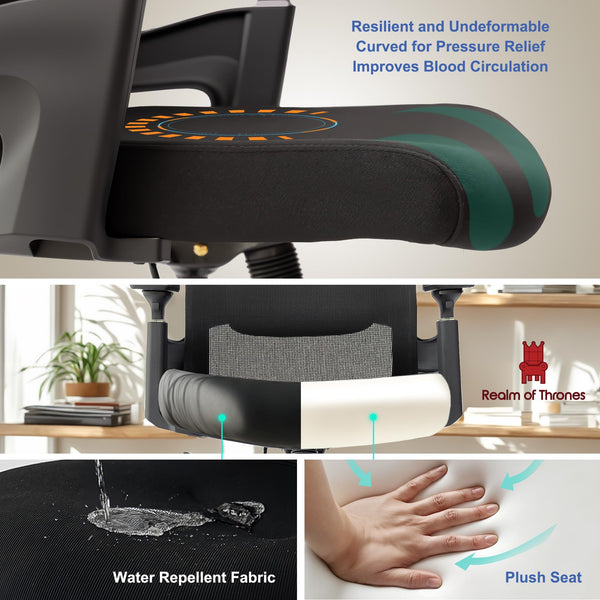 Realm of Thrones CAPTAIN Ergonomic Office Chair for Home, Heavy Duty Steel Base, Versatile Flip-up Armrests, Adjustable Lumbar Support, Mesh Back Comfort Cushion Seat for Computer Desk/Gaming (Black)