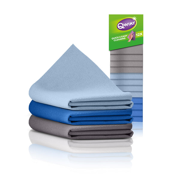 Qwikr Microfibre Kitchen Cloths, Pack of 12, Grey, Light Blue, Blue, Cleaning Cloths, Value Pack, 21 x 21 cm Size, Ideal for Large Tasks, Microfibre