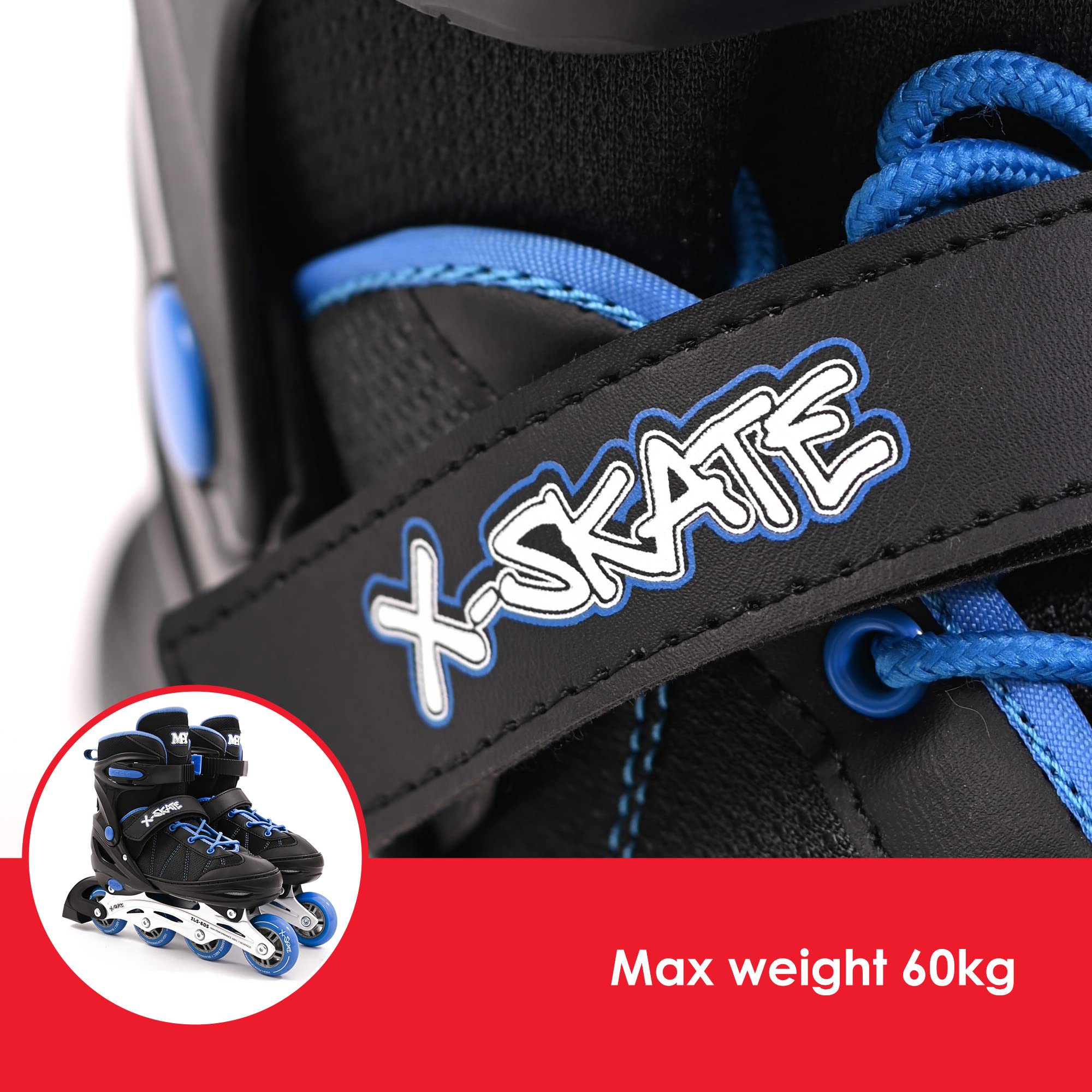 M.Y X-Skate Adjustable Blue Inline Roller Skates with Built In Adjusters Kids Roller Boots for Boys & Girls - Small