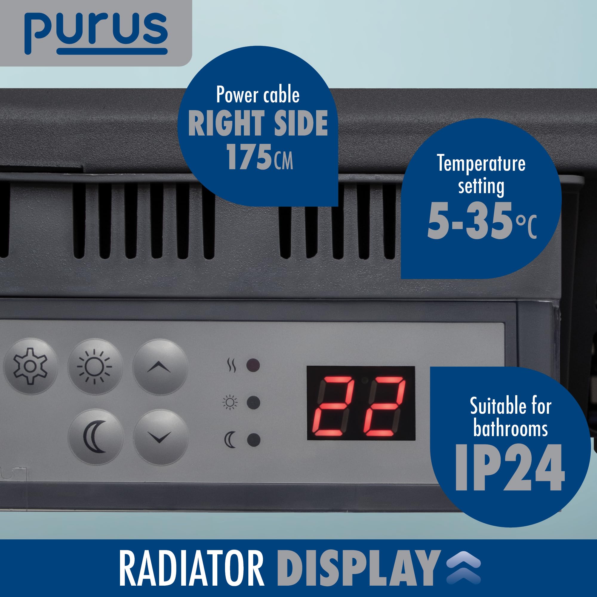 Purus 600W Grey Electric Radiator Heaters for Home, Bathroom Safe Electric Heater Setback Timer Lot 20 & Advanced Thermostat Control Wall Mounted or Floor Standing Low Energy Panel Heater