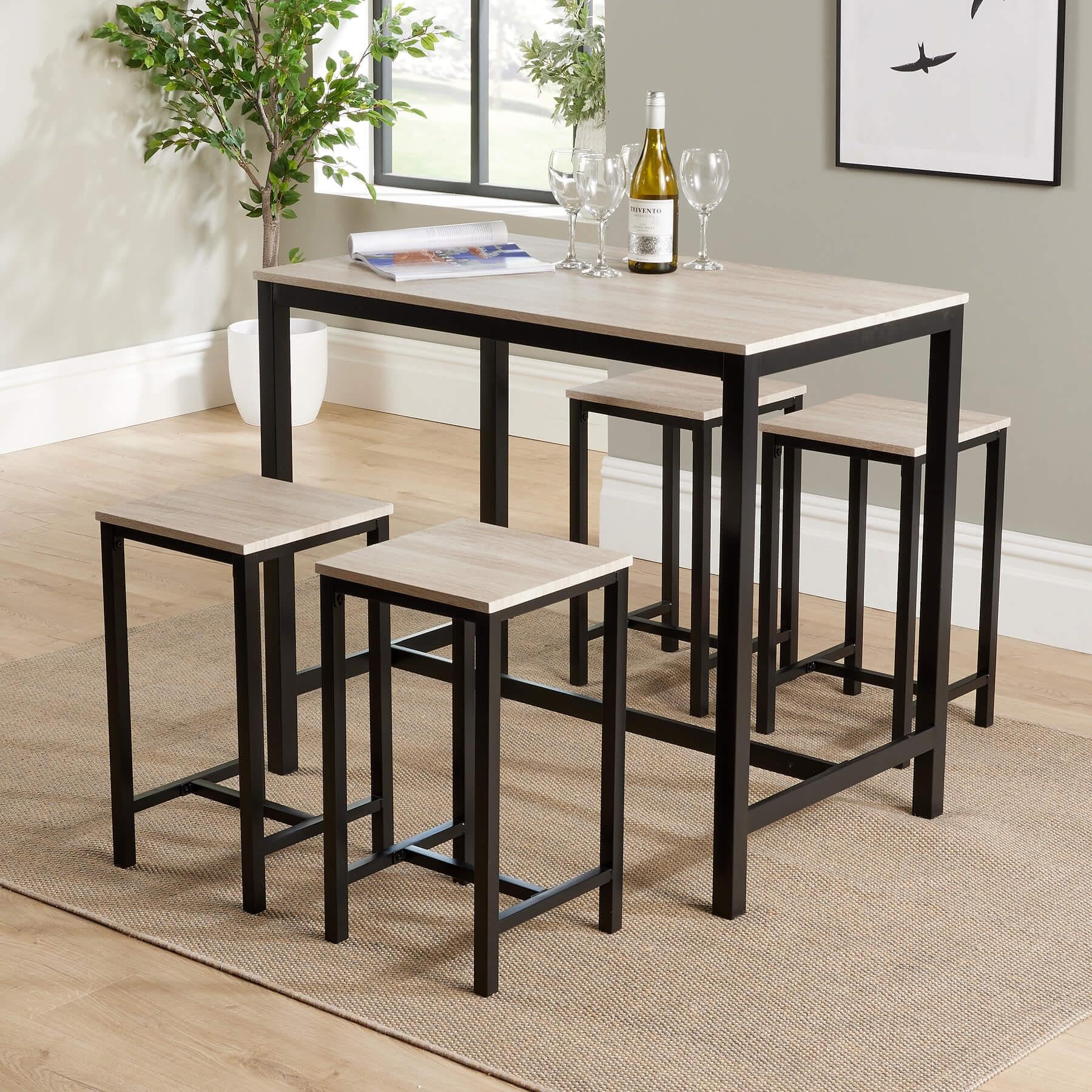 Home Source Kitchen Dining Breakfast Bar Set, Wooden Table Top, Black Metal Frame, Light Oak Effect, 4 Barstools