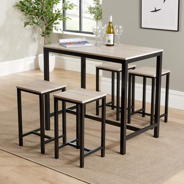 Home Source Kitchen Dining Breakfast Bar Set, Wooden Table Top, Black Metal Frame, Light Oak Effect, 4 Barstools