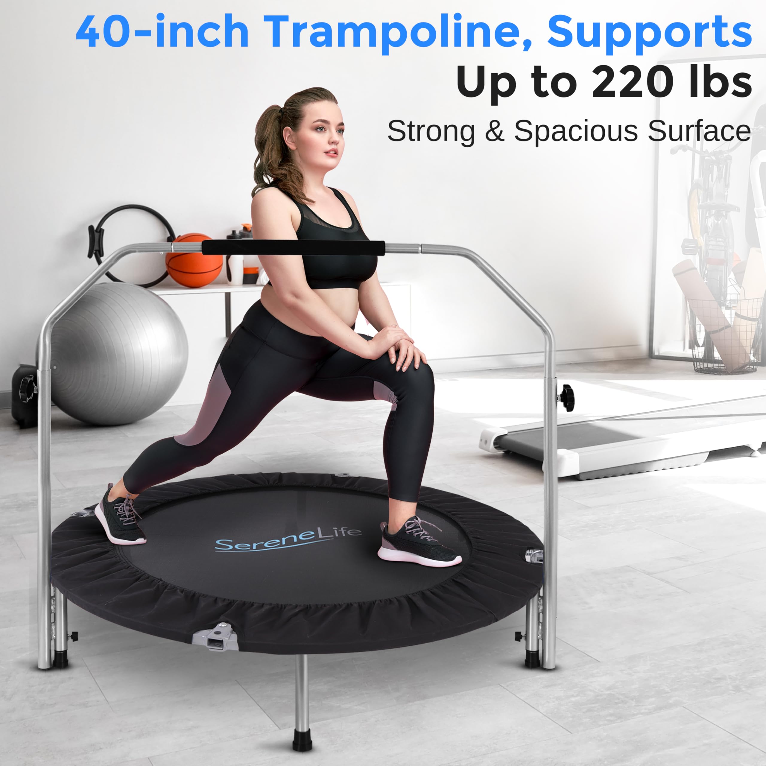 SereneLife Foldable Mini Trampoline, Fitness Rebounder with Adjustable Foam Handle, Exercise Trampoline for Adults Indoor/Garden Workout,Black,40"