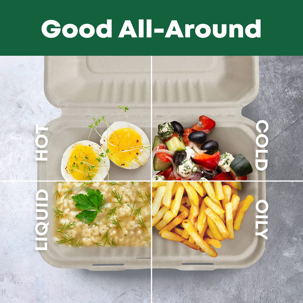 DISPOSABLE GREEN  Bagasse Clamshell Food Containers, Disposable Food Containers, Takeaway Boxes for Hot, Cold, Wet, & Oily Food, Unbleached Meal Prep