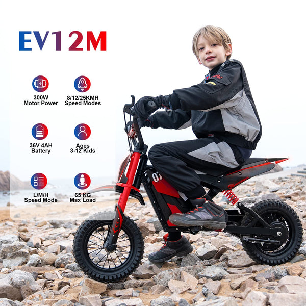 EVERCROSS EV12M PRO Kids Ride On Motorcycle, Electric Motorcycle with 300W Motor, 9.3Miles Long-Range, 12'' Pneumatic Tire, Bluetooth Music, Colorful Lights, Motor Cross for Ages 3-12 Children