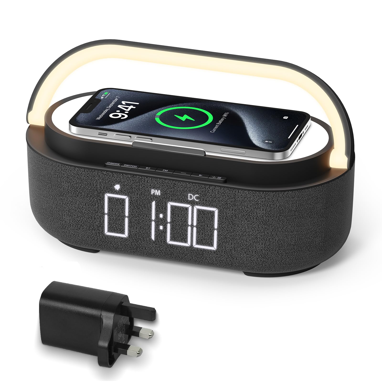 COLSUR Radio Alarm Clock Bluetooth Speaker, 15W Wireless Charger Alarm Clocks Bedside, Night Light, Loud Volume for Heavy Sleepers, Snooze, Dimmable LED Display, 2500mAh Battery