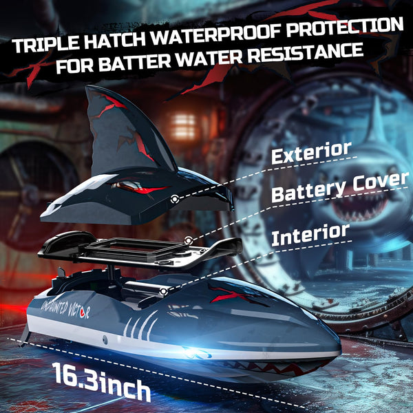 DEERC Fast Brushless RC Shark Boat for Adults, 30+MPH 3S High Speed Remote Control Speed Boat with LED Lights, Summer Toy Gift for Kids