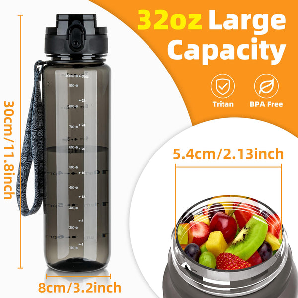 OLDLEY 1L/32oz Sports Water Bottle, 1000ml Motivational Drinks Bottle with Time Markings Leak Proof Drink & Lock Cover & No Straw, BPA Free for Adults Women Men Gym School Cycling Running Hiking