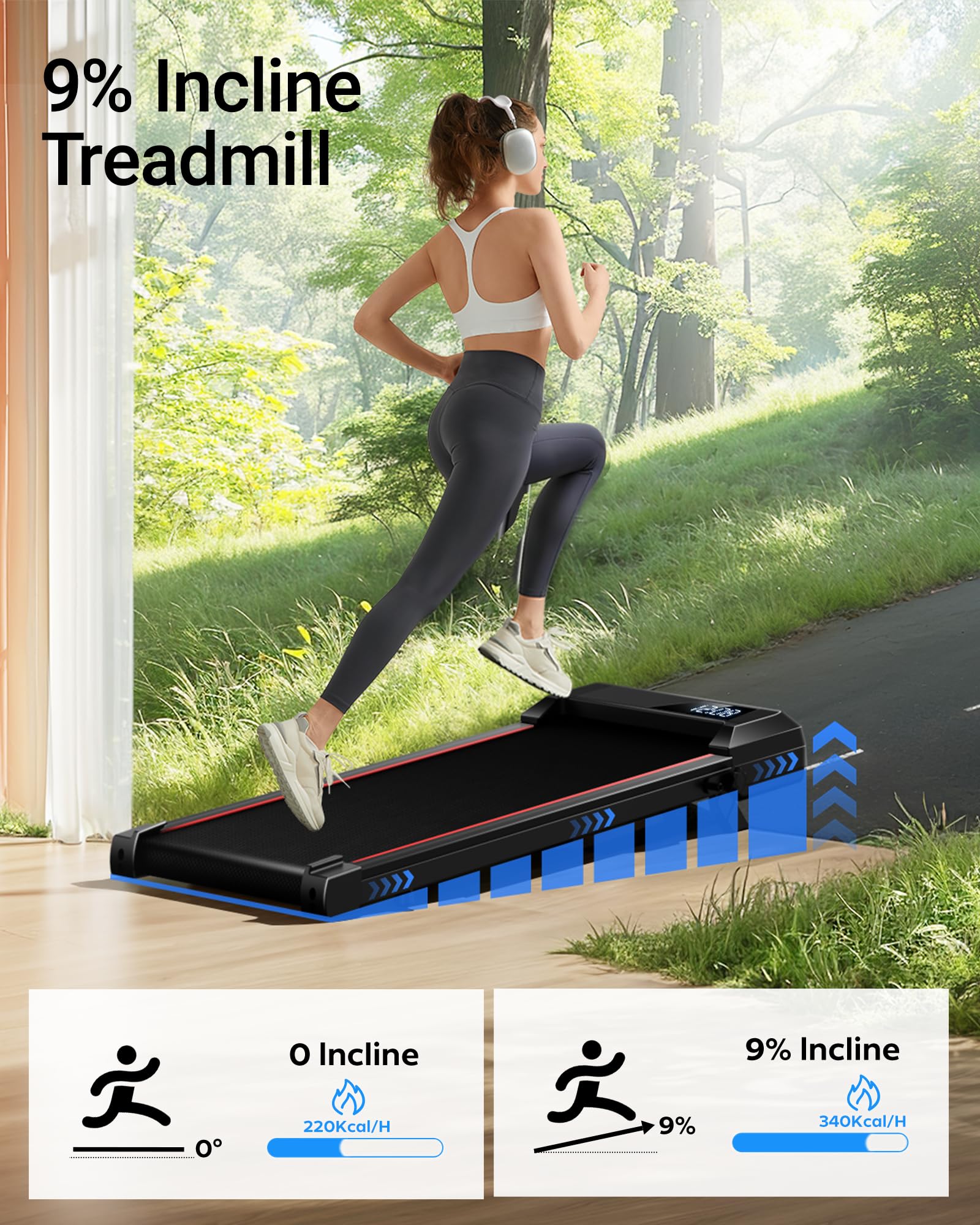 UMAY Walking Pad Treadmill with 9% Incline, Under Desk Treadmill with Diamond Pattern Running Belt, Lightweight Walking Running Electric Machine for Home Office with LED Display