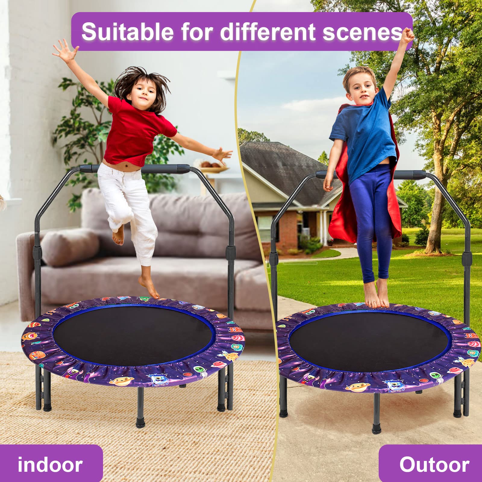 Mini Trampoline for Kids, 36Inch Trampoline with Adjustable Handle,Kids Trampoline with Foldable Bungee Rebounder Adjustable Handrail and Safety