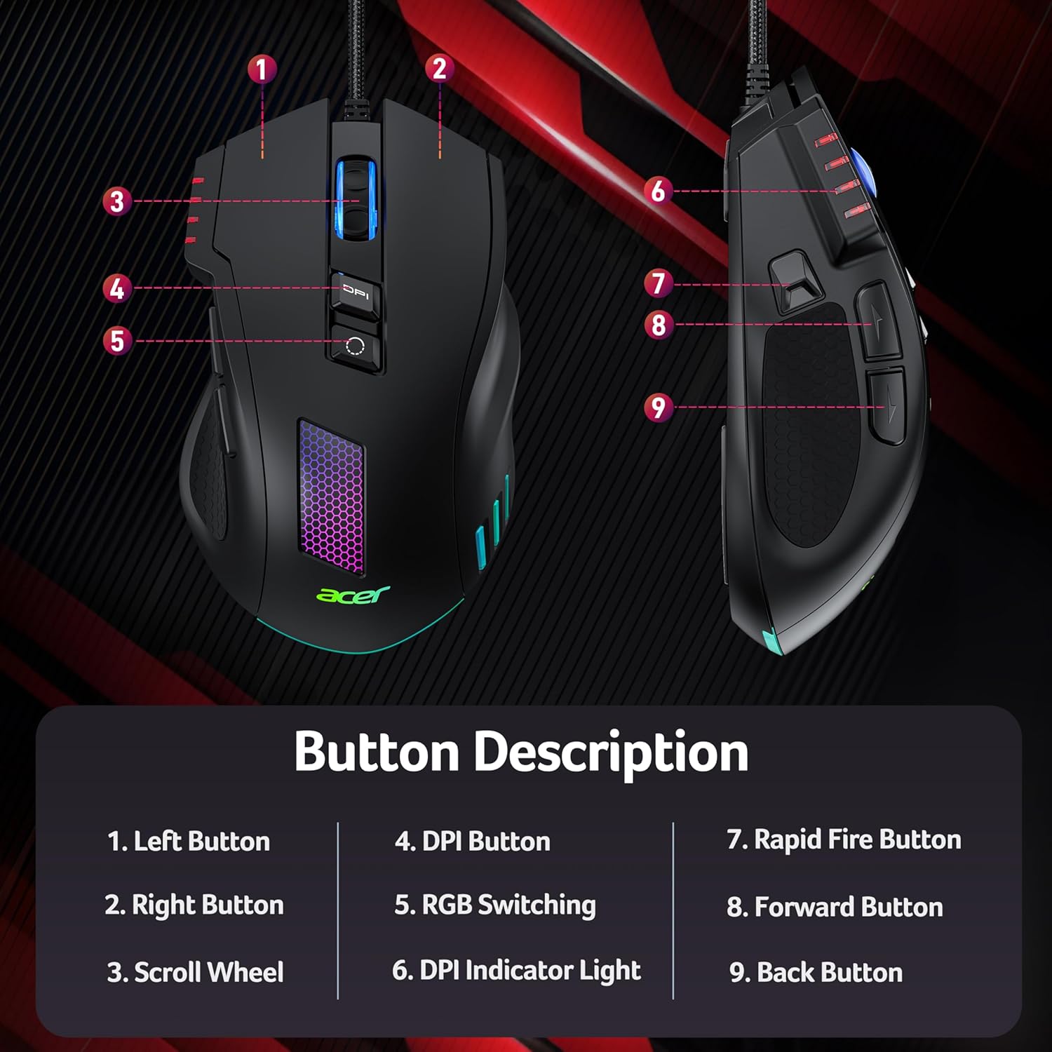 acer Wired Gaming Mouse, 12800 DPI Mouse Gaming RGB, 1000Hz Polling Rate, 8 Programmable Button, 12 Backlights, High Precision, Rapid Fire, Ergonomic Computer Mouse with Driver for Laptop, PC, Mac