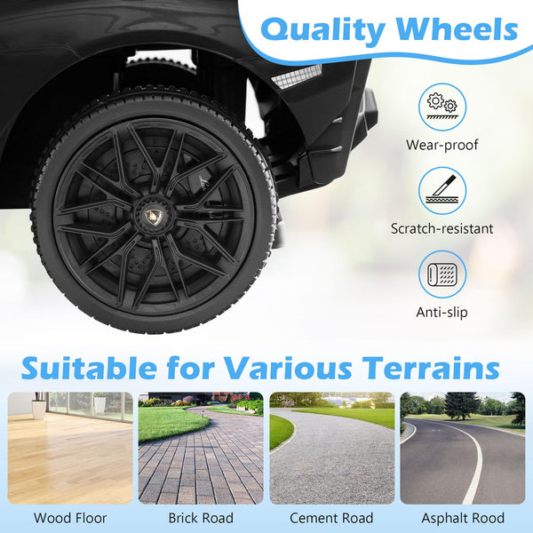 GYMAX 3 in 1 Kids Ride on Push Car, Licensed Lamborghini Push Along Car with Handle, Guardrails, USB Port, Music & Lights, Underneath Storage, Toddler Sliding Toy for 18-60 Months Boys Girls (Black)