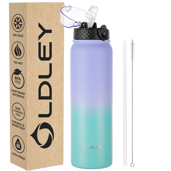 OLDLEY Stainless Steel Water Bottle with Straw 1L Vaccum Insulated Large Drink Flask Metal Water Bottles 1 Litre Leakproof Keep Drinks Hot Cold for Sports Gym with Different Lids(Purple Green, 3 Lids)