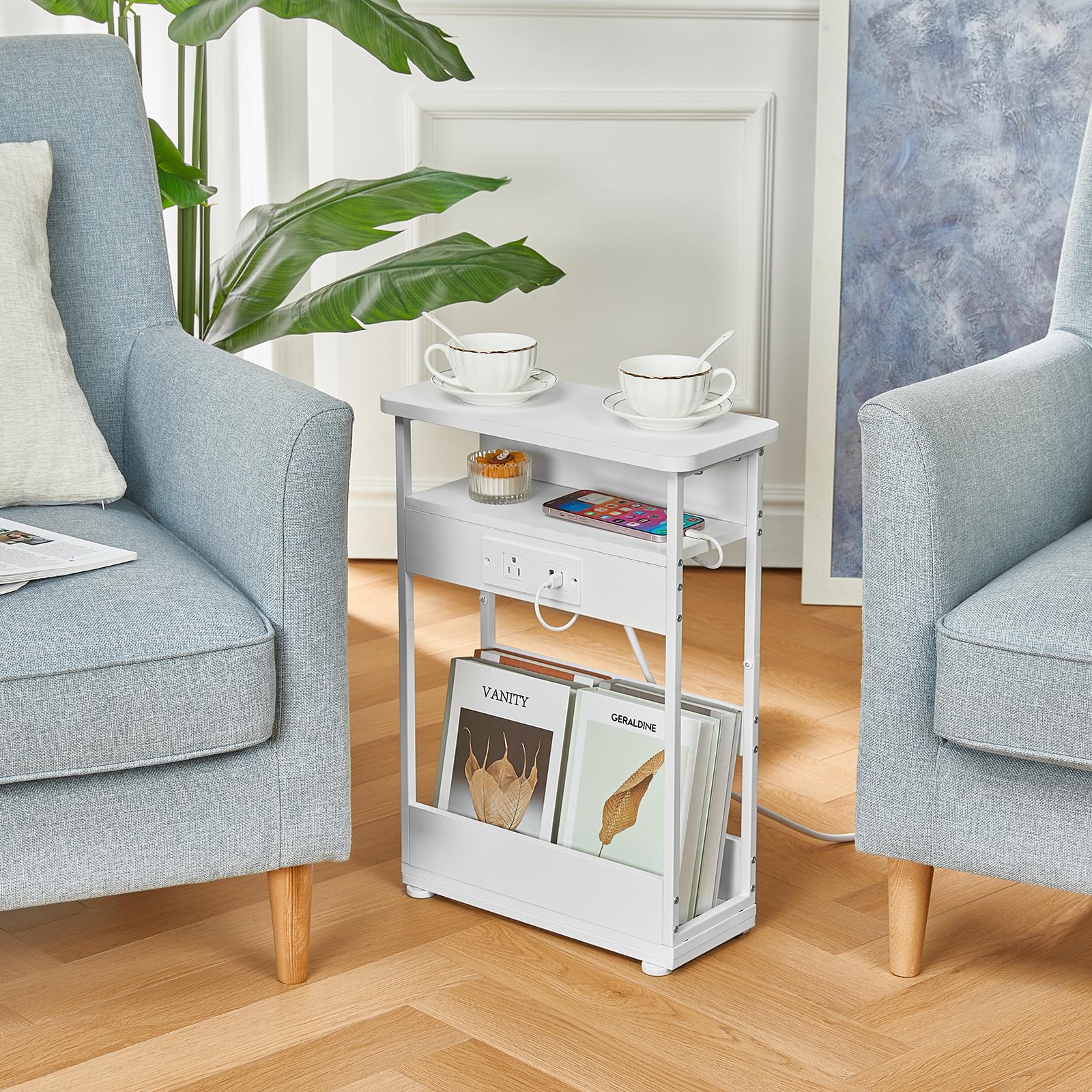 YEAKOO Narrow Side Table with Storage Shelf, 3 Tier Slim End Table Sofa Table for Narrow & Small Spaces, Bedside Table Small Nightstand with Magazine