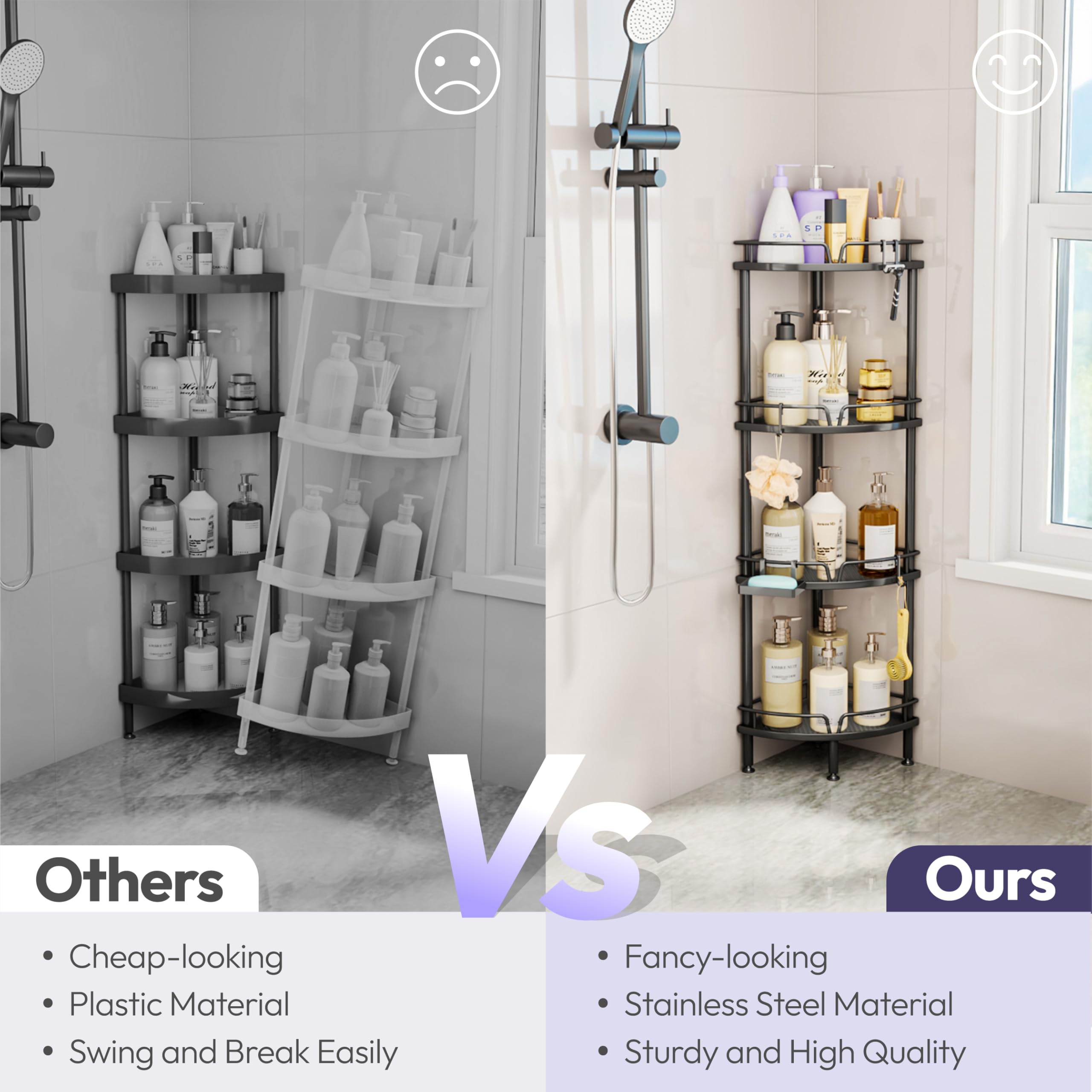 SWTYMIKI Corner Shower Caddy - 4 tier Bathroom Corner Shelf Shower Organizer Corner with 4 Hooks, Rust Free Standing Shower Caddy with Soap