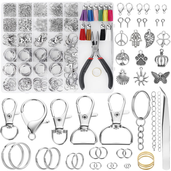 Funtopia 740PCS Keyring Making Kit, Metal Keyring Clip, Key Ring Hoop, Lobster Claw Clasps, Key Chains, Jump Rings, Pliers and Tassels for Key Chain