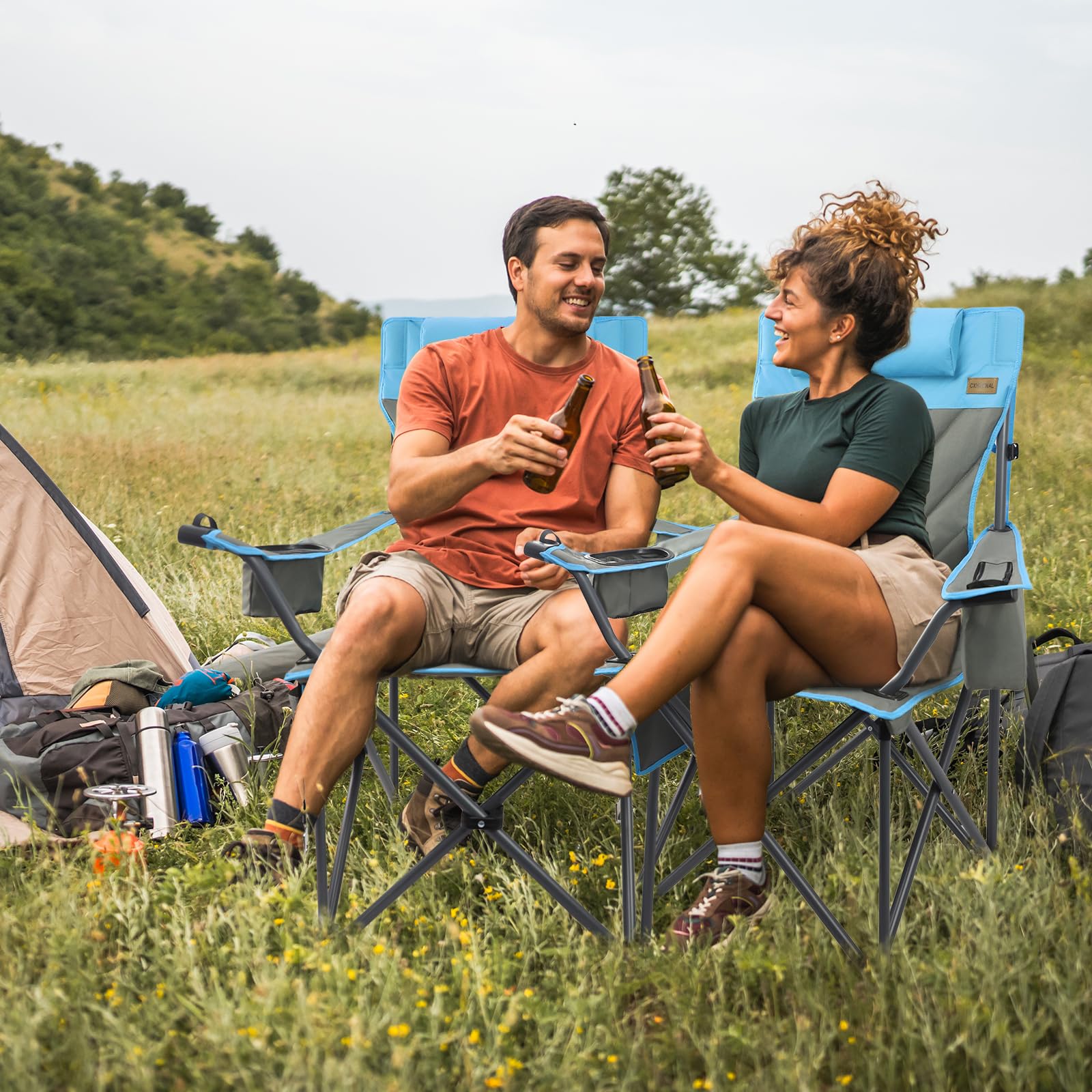 Outdoor Folding Camping Chair -Oversize Camping Chairs for Adults,Support 400lbs with Pillows & Cup Holders & Cooler Bags- Heavy Duty Collapsible Chairs for Sports Garden Beach Fishing(Grey Blue)
