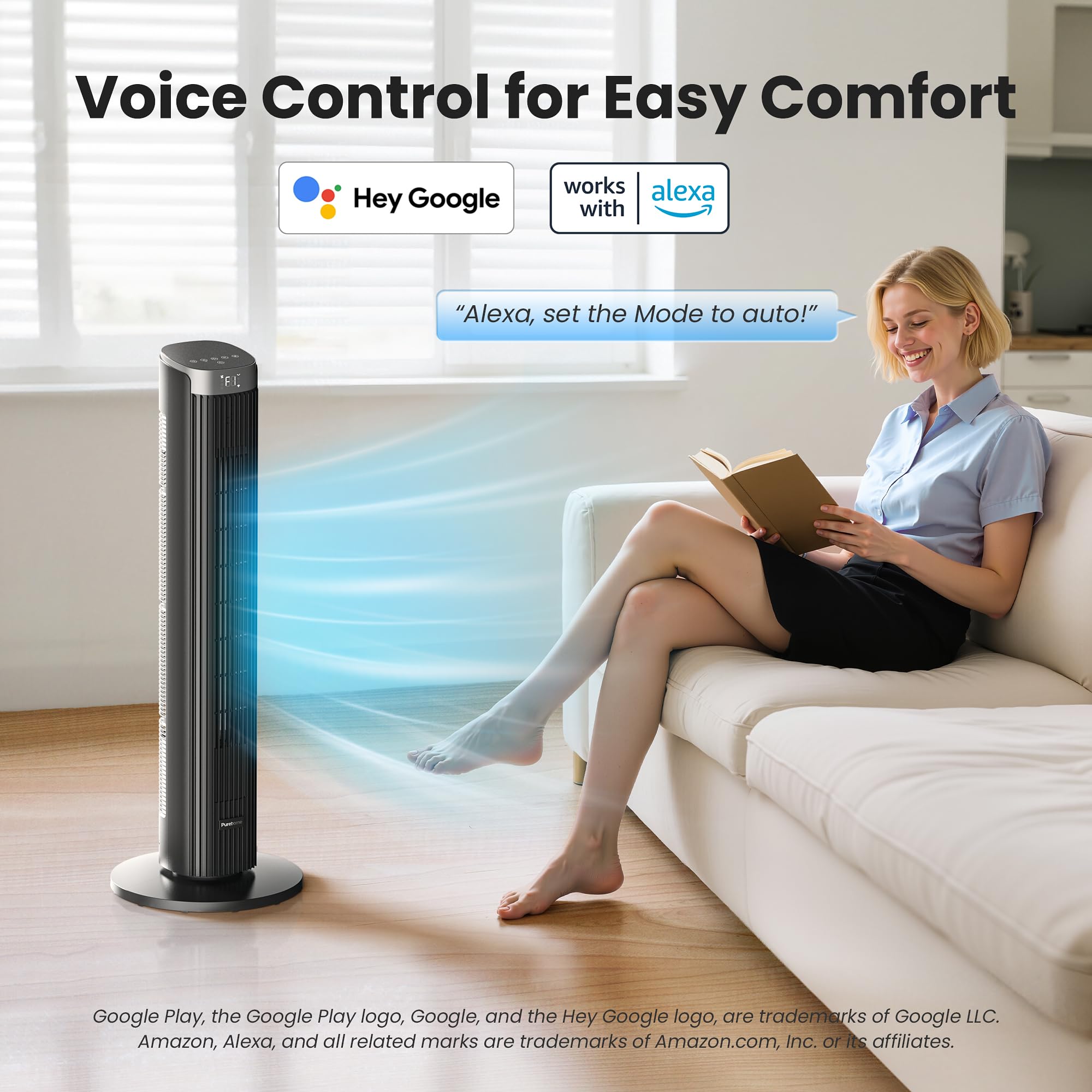 Pureborne 36" Smart Tower Fan with Remote, App & Touch Control, Silent Fans for Sleeping Capable of 25ft/s, LED Display, 90° Oscillating Fans for Bedroom & Office, Equipped with 12-Hour Timer, Black