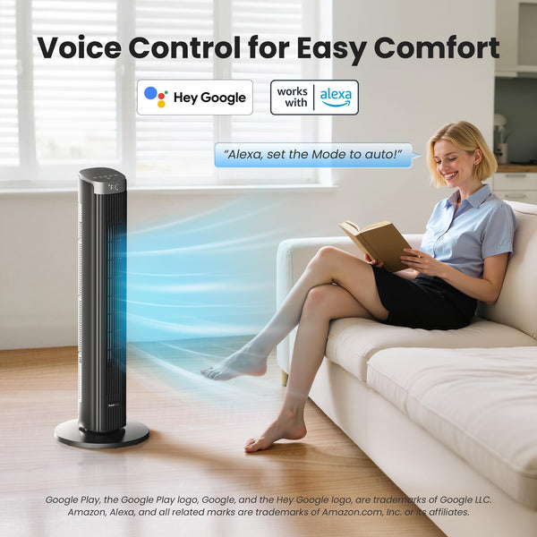 Pureborne 36" Smart Tower Fan with Remote, App & Touch Control, Silent Fans for Sleeping Capable of 25ft/s, LED Display, 90° Oscillating Fans for Bedroom & Office, Equipped with 12-Hour Timer, Black