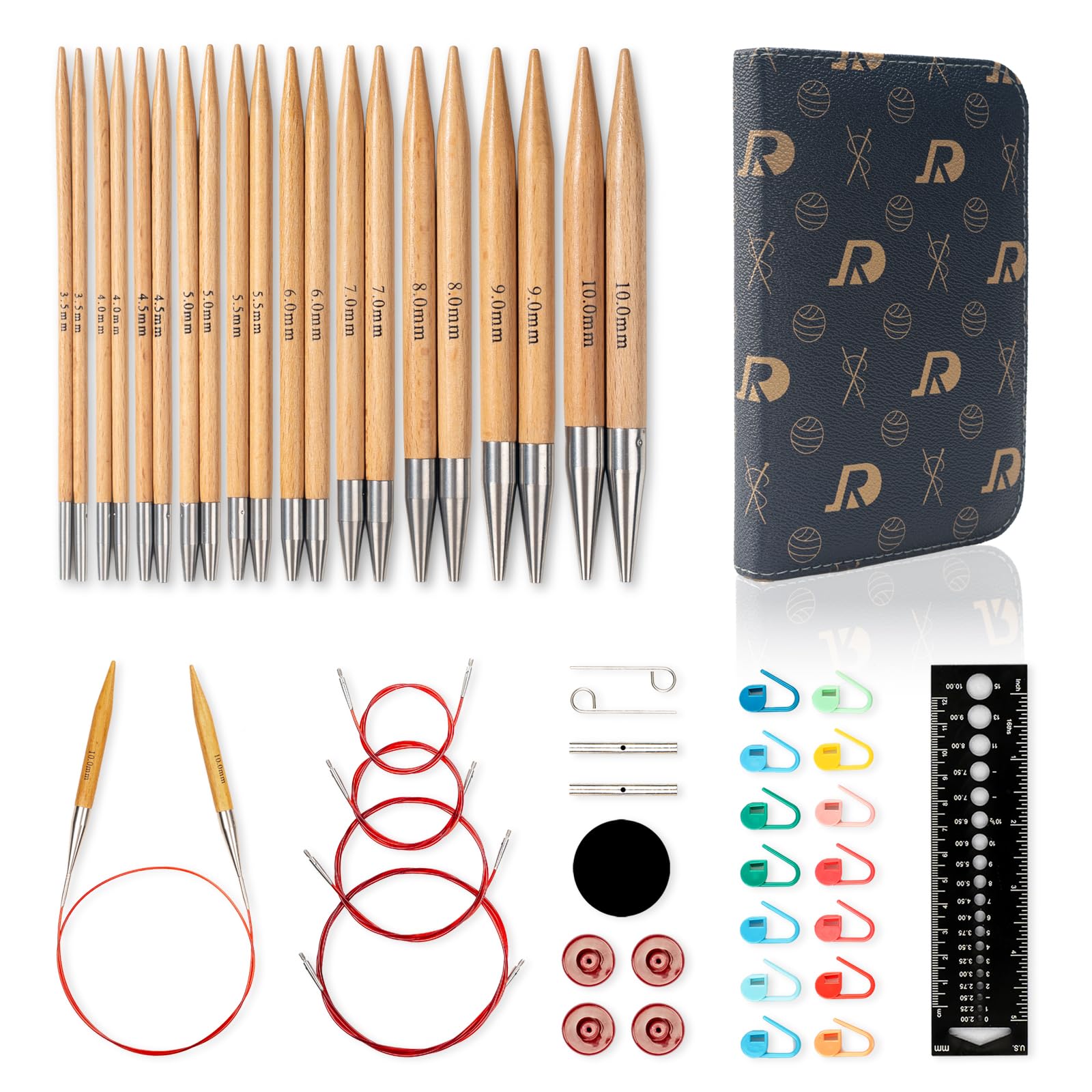 RUIDI Circular Knitting Needles Set, 10 Sizes Wooden Interchangeable Circular Knitting Needles Set with Case & Accessories, 12cm | (3.5mm to 10mm)