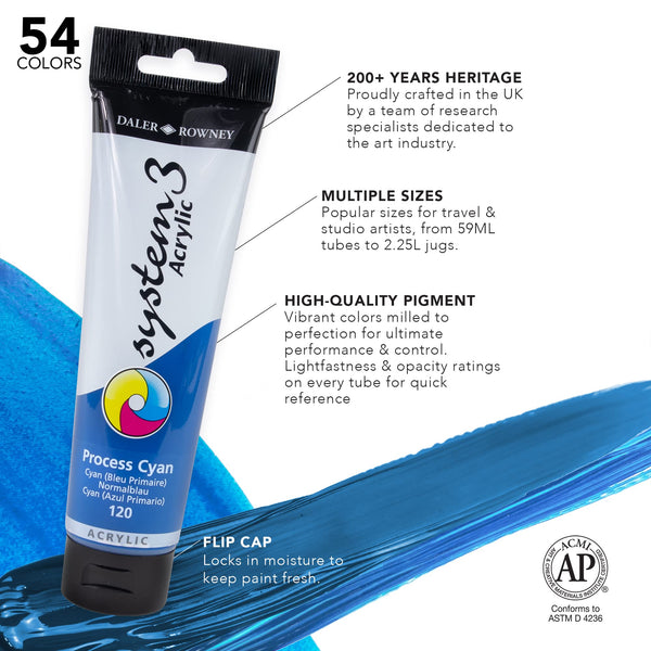 Daler-Rowney System3 150ml Acrylic Paint Process Set, 5 x Assorted Vibrant Colours, Multi-Surface, Ideal for Professional Artists & Students