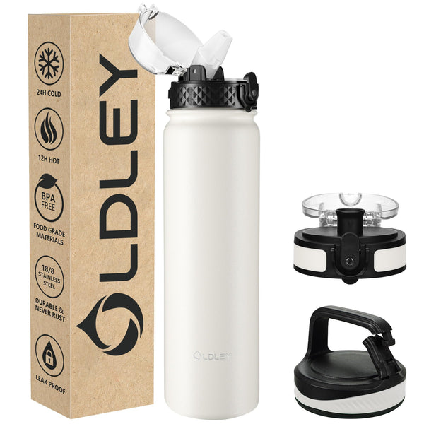 OLDLEY Stainless Steel Water Bottle with Straw 1L Vaccum Insulated Large Drink Flask Metal Water Bottles 1 Litre Leakproof Keep Drinks Hot Cold for Sports Gym with Different Lids(Purple Green, 3 Lids)