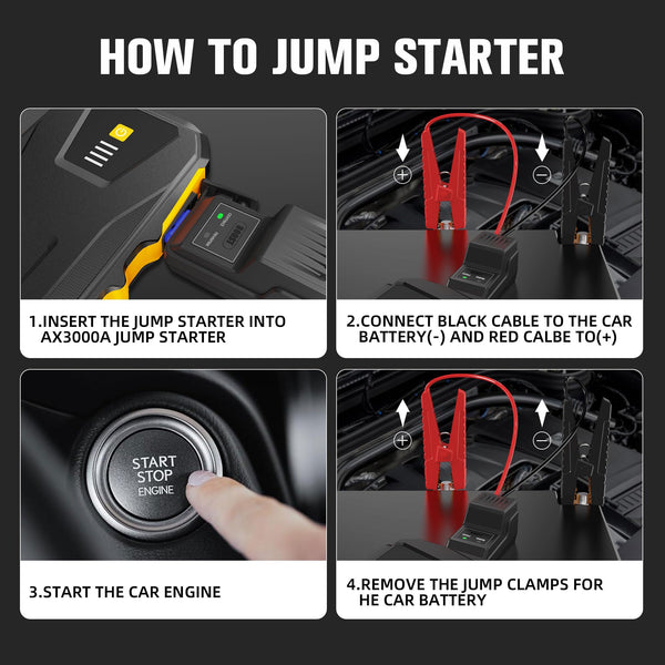 ASPERX Jump Starter Power Pack(Up to 10L Gas/8L Diesel), 3000A Car Battery Booster Jump Starter with LED Flashlight, Jump Leads and LCD Display, Jump Pack for 12V Vehicles, Pickup, SUV, Motorcycle