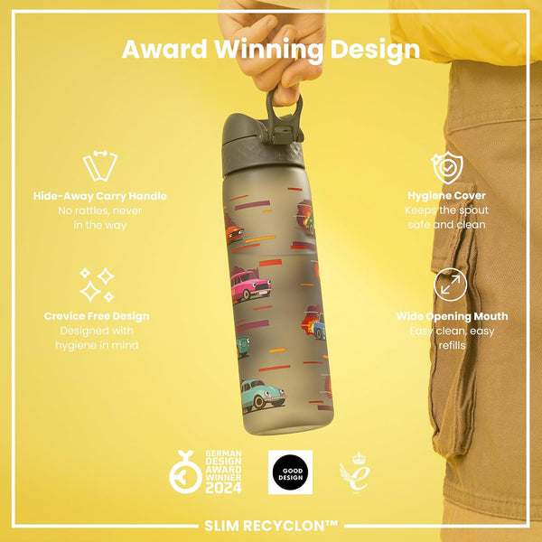 ION8 Water Bottle, 500ml/18oz, Slim Leak-proof & BPA-Free Drinking Bottle, Secure Lock Prevents Spills, Dishwasher Safe, Carry Handle, Ideal for Adults & Kids - Travel, Gym & School, Sport Cars Design