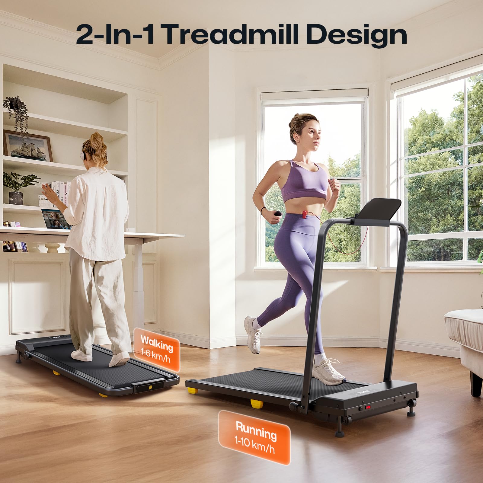 Folding Treadmill with 9% Incline, Walking Pad Foldable with Safety Handle Bar, One-Touch HIIT Mode, Walking, Jogging or Running for Home Office, No Assembly Required, Remote Control & LED Display