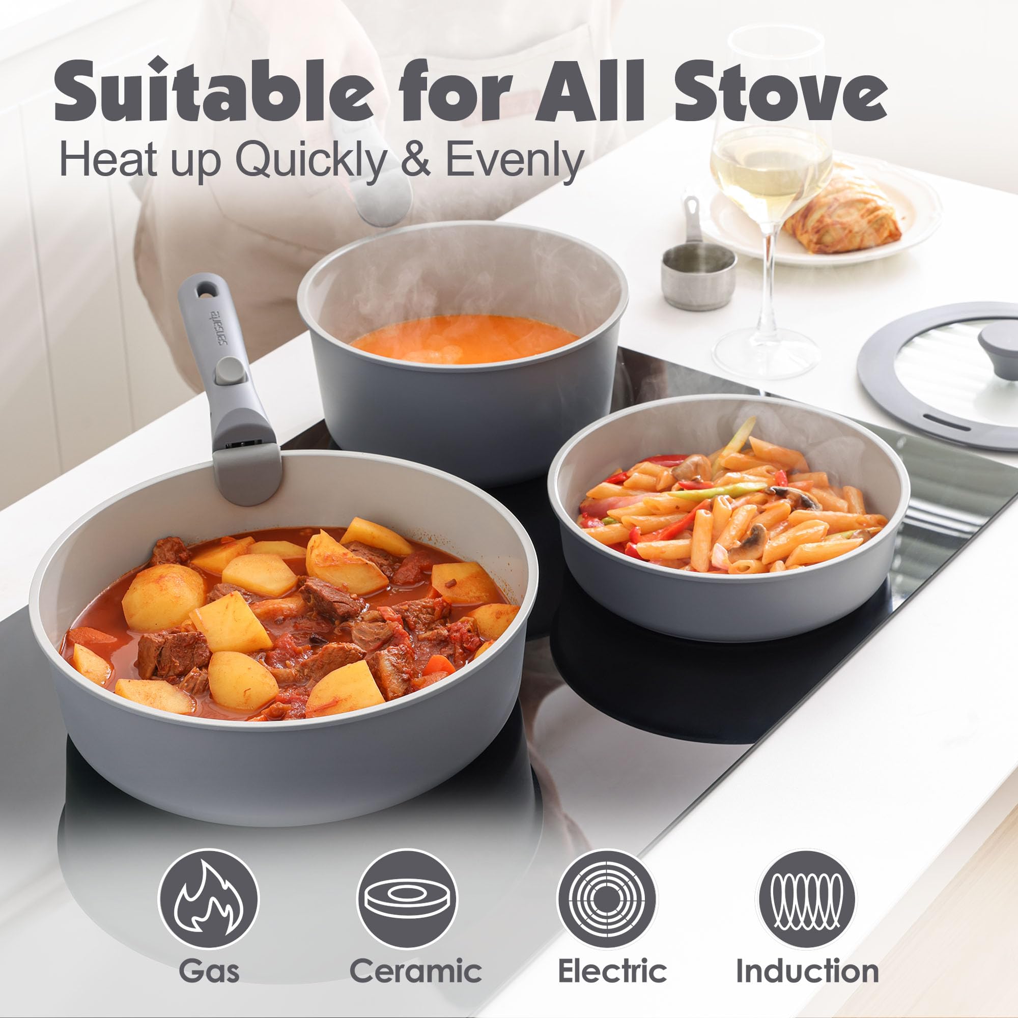 SENSARTE 17 Piece Pots and Pans Set, Nonstick Detachable Handle Cookware, Induction Kitchen Cookware Set with Removable Handle, Healthy Non Stick RV Cookware, Oven Safe (Black)