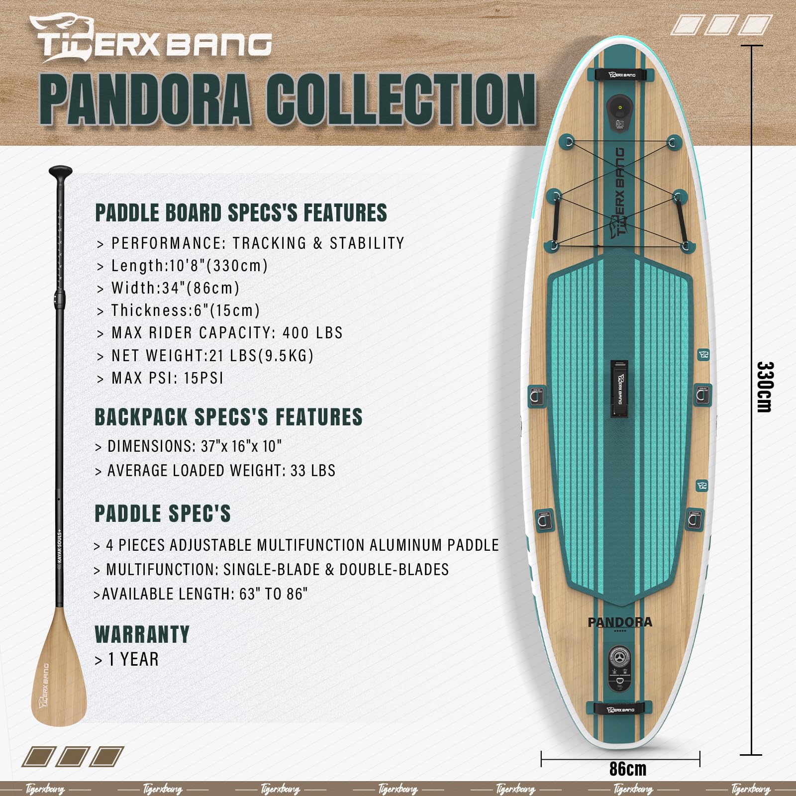 TIGERXBANG Paddle Board, 10.8' Stand Up Paddleboarding with Premium Complete Inflatable SUP Accessories, Extra Wide Paddleboards for Adults & Kids-Pandora Collection