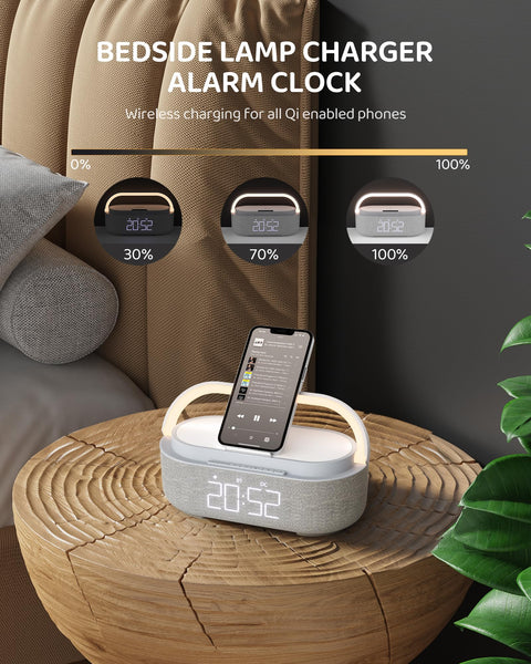 COLSUR Radio Alarm Clock Bluetooth Speaker, 15W Wireless Charger Alarm Clocks Bedside, Night Light, Loud Volume for Heavy Sleepers, Snooze, Dimmable LED Display, 2500mAh Battery
