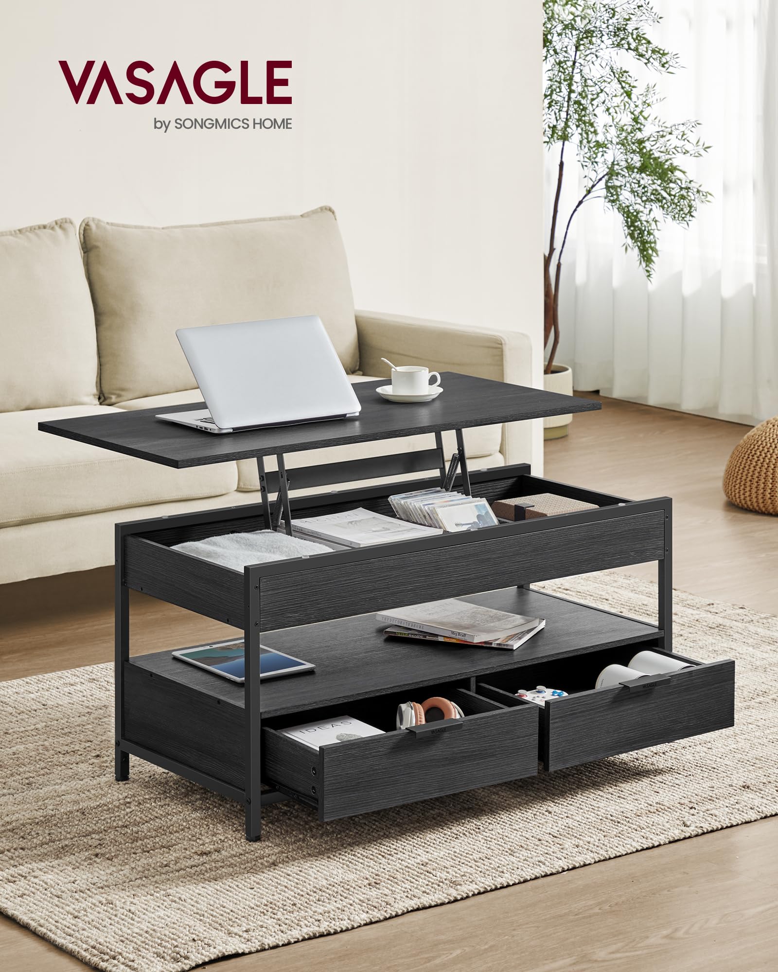 VASAGLE Lift Top Coffee Table, Living Room Table, with Storage Drawers, Hidden Compartments, and Open Shelf, Rustic Brown and Ink Black LCT209K01
