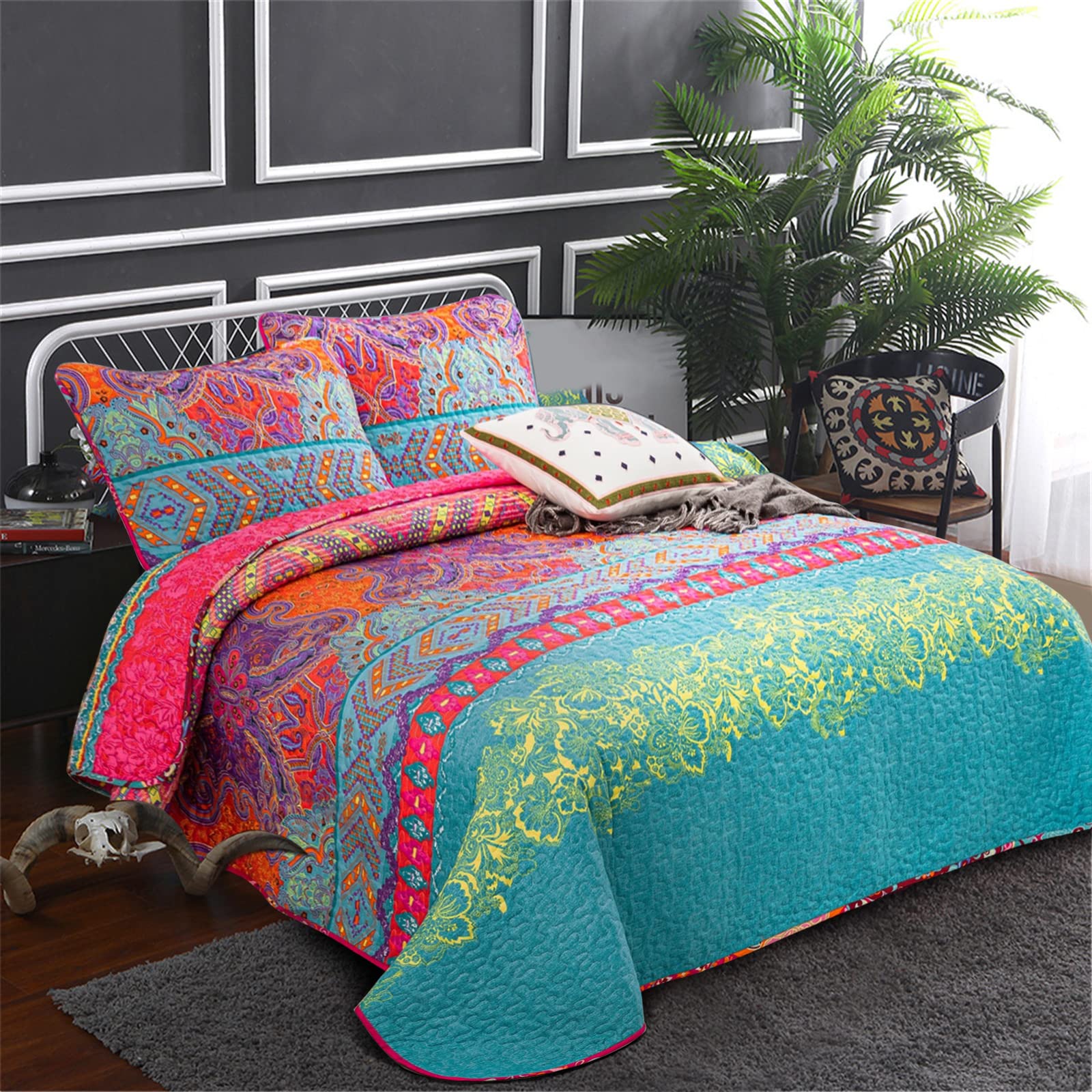 WONGS BEDDING Reversible Flower Bohemian Bedspread with 2 Pillowcases Colorful Floral Boho Pattern Bedspread Coverlet for All Season Soft Microfiber