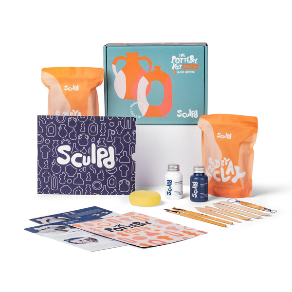 Sculpd Pottery Starter Kit - Complete Air Dry Clay Beginner Set for 2 Adults: Includes Sculpting Tools, Gloss Varnish, Paint Brushes, Guide, Video