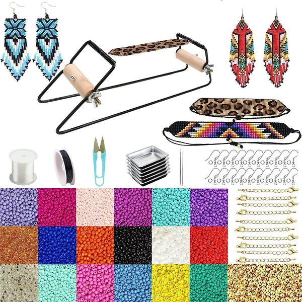 Frame Beading Loom Kit for Boho Beaded Bracelets Earrings Belts Making, Includes 16000 Glass Seed Beads(dia 3mm) and 1200 Gold/Silver Bling Beads,150