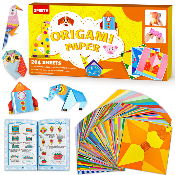 Origami Set for Kids, with Guiding Book, 204 Sheets Paper with 72 Patterns, DIY Art Kit and Craft Projects Activity, Beginners Children's Day Gift