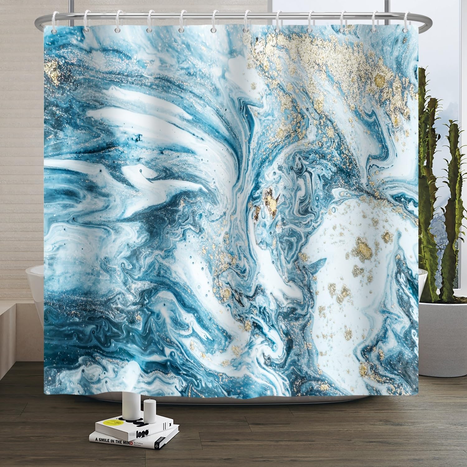 Xiaoterna Blue Marble Shower Curtain Modern Concise Design Waterproof Bathroom Curtain Abstract Contemporary Aesthetic Washable Mildew Resistant